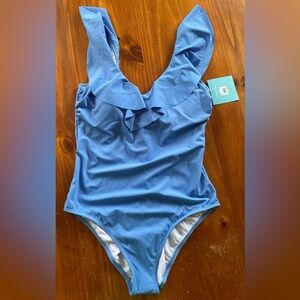 NWT Bal Harbour Full Coverage Light Blue V-Neck Ruffled One-Piece Swimsuit; 16
